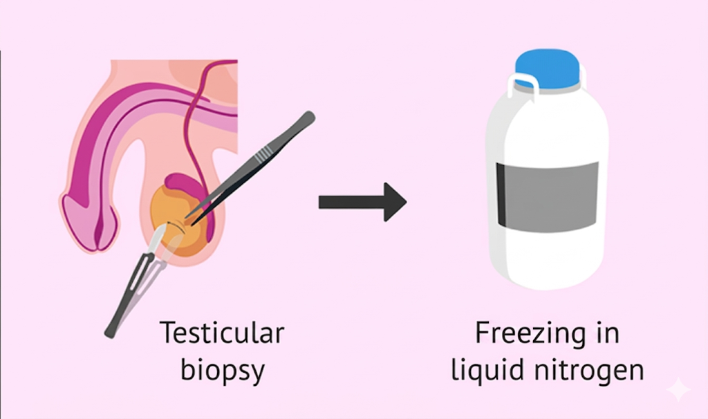 0600377e-31c0-4606-8c95-df819e1ff9b1 Illustration of a testicular biopsy procedure with surgical tools near the testicle, followed by freezing in a liquid nitrogen storage container.