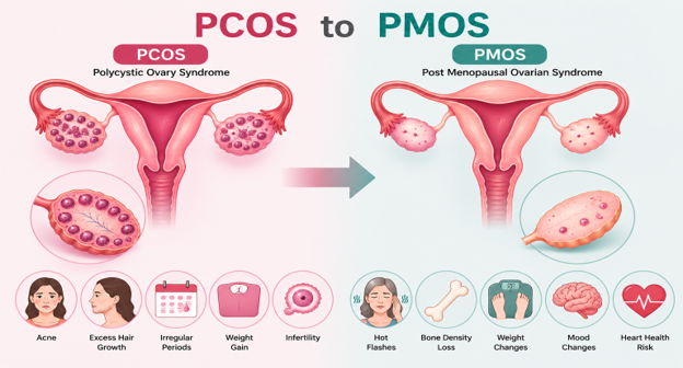 Infographic comparing PCOS and PMOS: left ovary with cysts labeled PCOS and symptoms (acne, excess hair, irregular periods, weight gain, infertility); right ovary labeled PMOS with fewer cysts and symptoms (hot flashes, bone density loss, mood changes, heart risk).