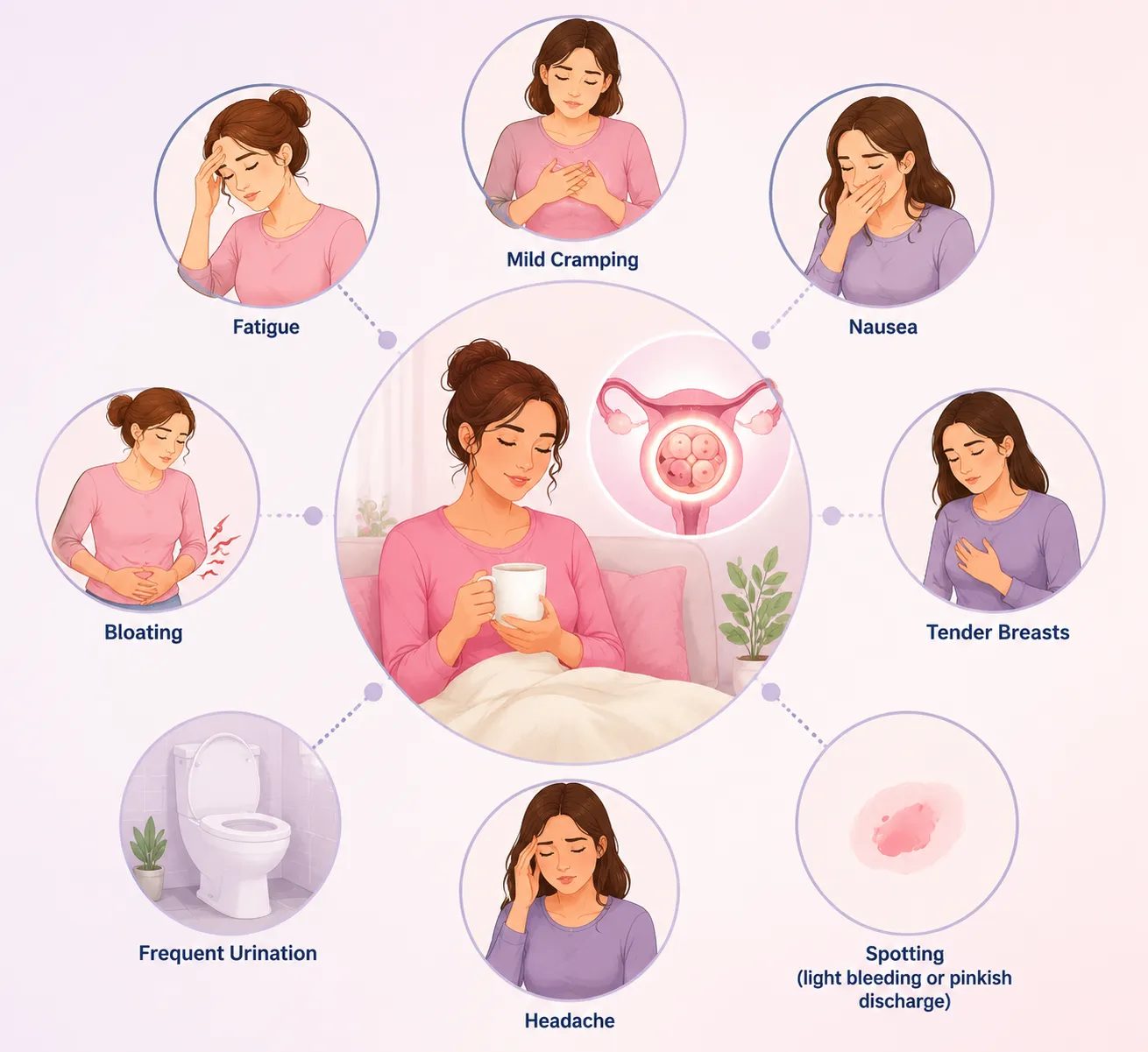 Infographic of common early pregnancy symptoms surrounding a woman resting with a uterus diagram in the center