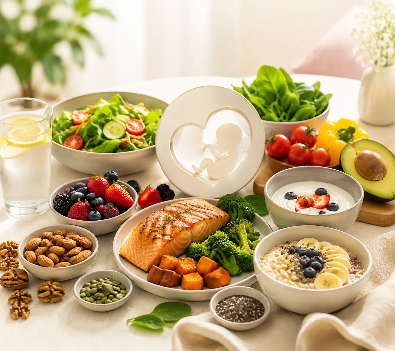 Colorful spread of healthy foods: salmon, yogurt with blueberries, oats, nuts, fresh fruit, and a broccoli- and vegetable-filled plate on a light table.