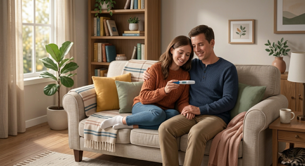 Couple sitting on a beige sofa at home, smiling while holding a card together as they look at it.