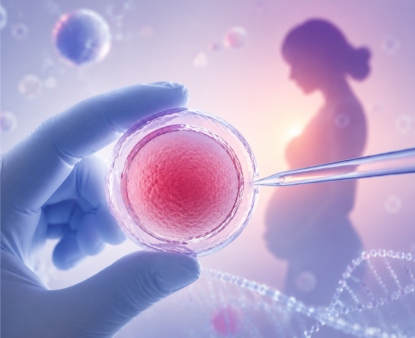 Gloved hand holds a petri dish with an embryo as a pipette approaches; a pregnant silhouette is blurred in the background.