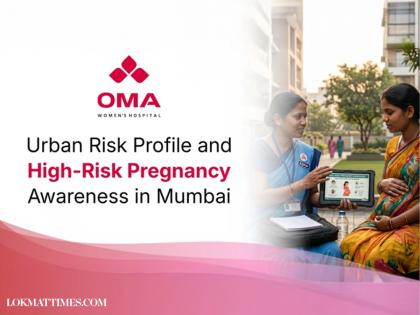 Banner for OMA Women’s Hospital about Urban Risk Profile and High-Risk Pregnancy Awareness in Mumbai; a health worker shows a tablet to a woman.