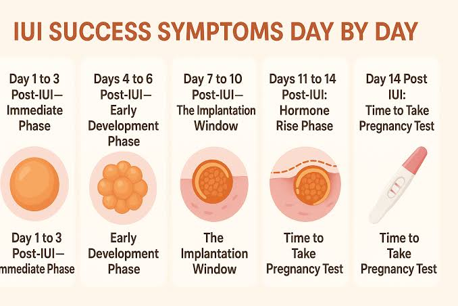 Infographic 'IUI Success Symptoms Day by Day' with five stages from immediate phase to pregnancy-test, ending with a test strip.