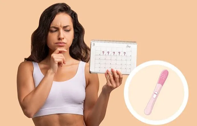 Confused woman in a white sports bra holds a calendar with question marks, thinking about fertility; a pink pregnancy test appears in a circular inset.